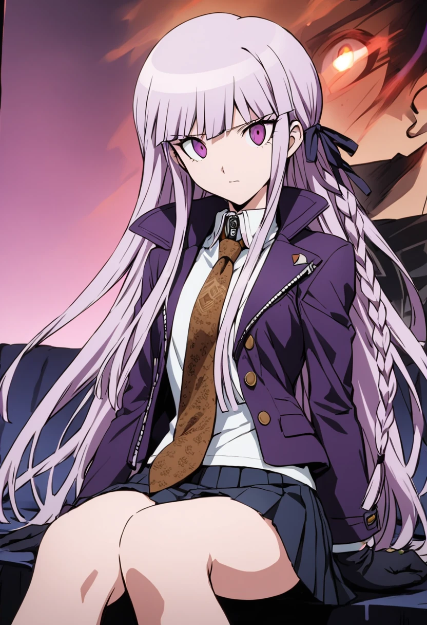 ((masterpiece,High resolution,Highest quality,8K,Detailed faces and anatomy))
(****************,Danganronpa,Kyouko Kirigiri,Purple Hair,Long Hair,Side braiding,Purple eyes,slender)(Black Ribbon,Black gloves,White collared shirt,Purple open jacket,Black pleated skirt,Brown tie,Printed necktie)Binding teeth