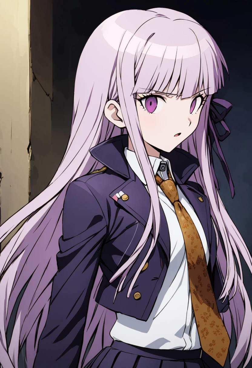 ((masterpiece,High resolution,Highest quality,8K,Detailed faces and anatomy))
(****************,Danganronpa,Kyouko Kirigiri,Purple Hair,Long Hair,Side braiding,Purple eyes,slender)(Black Ribbon,Black gloves,White collared shirt,Purple open jacket,Black pleated skirt,Brown tie,Printed necktie)Binding teeth