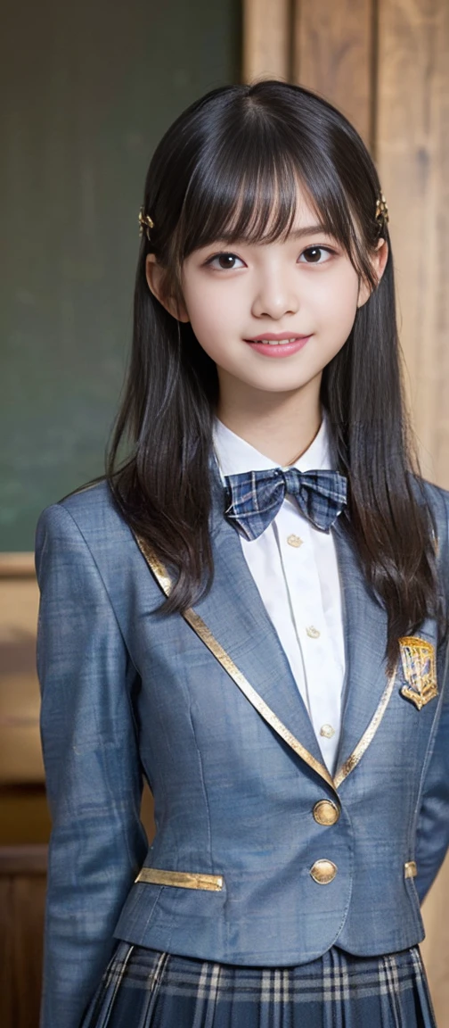 (Highest quality, masterpiece:1.2), Highest quality, Realistic, photograph, High resolution, 1080P, 8K, Physical Rendering, ((height: 155cm)), ((((((A beautiful 14-year-old fashion model featured in a Japanese fashion magazine、Look directly at the viewer)))))), (((big, Very fine, Beautiful dark brown eyes))), ((((Everyone loves me、They are Laughter at me.!)))), Detailed fingers, (((Curled bangs))), ((((Very noble and cute eyes, Every detail is carefully drawn)))), ((double eyelid)), (((Long eyelashes))), ((cute、Adorable、Adorable、Laughter、Laughter頬)), ((Pure white light hits my nose and cheeks. Her eyes and the white skin of her face are beautifully white.....)), (((((Her face is very expressive、With a noble smile。, so sweet, very smart))))), ((((A striking plain navy large school ribbon bow tie)))), ((((so beautiful、very long black braided hair)))), (((((((She rolled up her formal long pleated skirt in blue and navy tartan check to show off her lower body..))))))), ((((The size is a bit large、With gold emblem.、Dark blue formal blazer)))), ((As elegant as a noble princess)), ((Girls dancing in the classroom)), ((From the side, From the elegantly raised skirt、Her naked lower body is visible。, Create a striking image..))