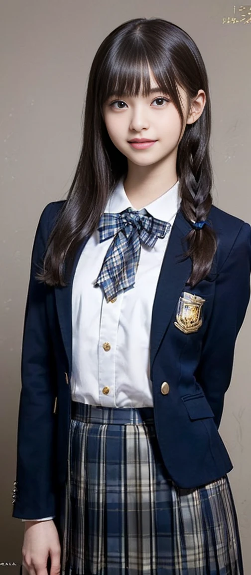 (Highest quality, masterpiece:1.2), Highest quality, Realistic, photograph, High resolution, 1080P, 8K, Physical Rendering, ((height: 155cm)), ((((((A beautiful -yeld faon model featured in a Japanese fashion magazine、Look directly at the viewer)))))), (((big, Very fine, Beautiful dark brown eyes))), ((((Everyone loves me、They are Laughter at me.!)))), Detailed fingers, (((Curled bangs))), ((((Very noble and cute eyes, Every detail is carefully drawn)))), ((double eyelid)), (((Long eyelashes))), ((cute、Adorable、Adorable、Laughter、Laughter頬)), ((Pure white light hits my nose and cheeks. Her eyes and the white skin of her face are beautifully white.....)), (((((Her face is very expressive、With a noble smile。, so sweet, very smart))))), ((((A striking plain navy large school ribbon bow tie)))), ((((so beautiful、very long black braided hair)))), (((((((She rolled up her formal long pleated skirt in blue and navy tartan check to show off her lower body..))))))), ((((The size is a bit large、With gold emblem.、Dark blue formal blazer)))), ((As elegant as a noble princess)), ((Girls dancing in the classroom)), ((From the side, From the elegantly raised skirt、Her naked lower body is visible。, Create a striking image..))