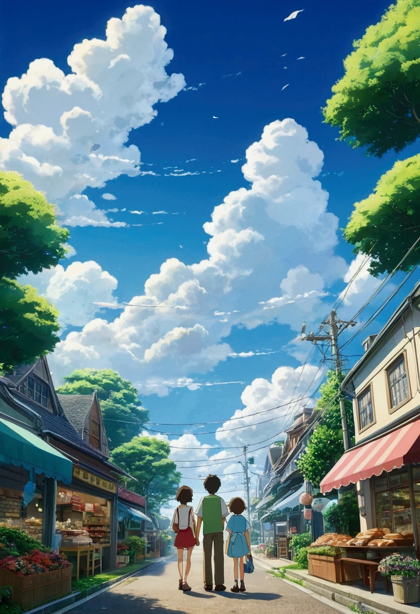 Anime - A family of five people (pet, boy, girl, and parents) standing back to back, I look up at the summer sky, anime background art, detailed scenery - width 672, anime landscape concept art, anime style cityscape, Studio Ghibli anime style, Studio Ghibli art style, Studio Ghibli program, anime landscape, Studio Ghibli art style, Landscape artwork, Beautiful anime landscape, Forest city street, Ghibli art style, cake shop, cake shop, bakery cake shop, Makoto Shinkai style, Makoto Shinkai anime, Shinkai Makoto art style, Summer Wars