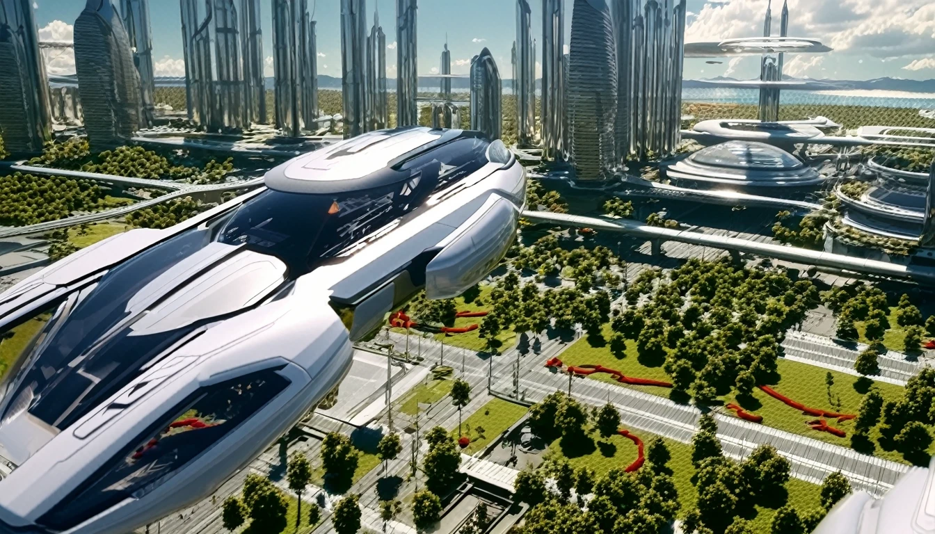 Scene out of 2060, futuristic city landscape, flying cars, great detail Cgi render, 8k