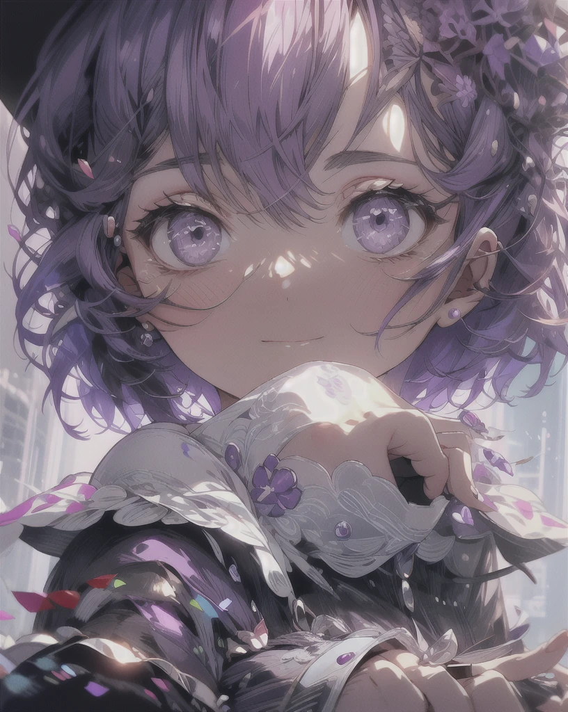 cowboy shot, ((no hat:1.3)), (8K, Highest quality, Highest quality, masterpiece), round face, round chin, big breasts, wide hips, beautiful detailed face, detailed eyes, One girl, alone, cute, Short Bob Hair, Purple Hair, Purple Jacket, Off the shoulder:1.2, Purple Modern Fashion, Fingers pretty, purple nails, five fingers on each hand, purple theme,