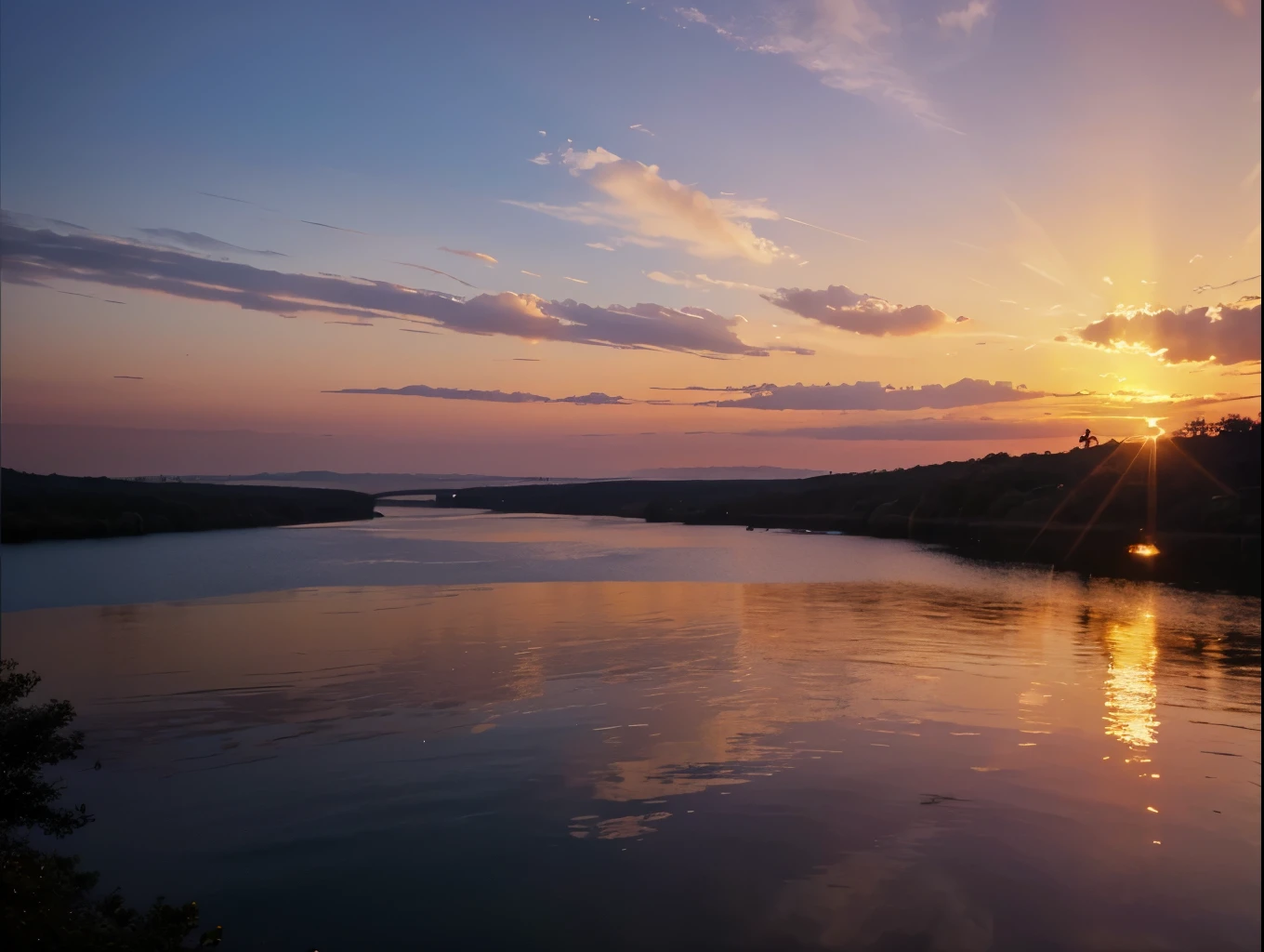 A breathtakingly vibrant sunset casts a golden glow over the serene river, capturing the beauty of nature at its most exquisite. The sky is painted in hues of pink, orange, and purple, creating a mesmerizing scene that seems to radiate warmth and tranquility. This stunning photograph beautifully captures the essence of a peaceful evening by the water, offering a truly captivating and high-quality visual experience.