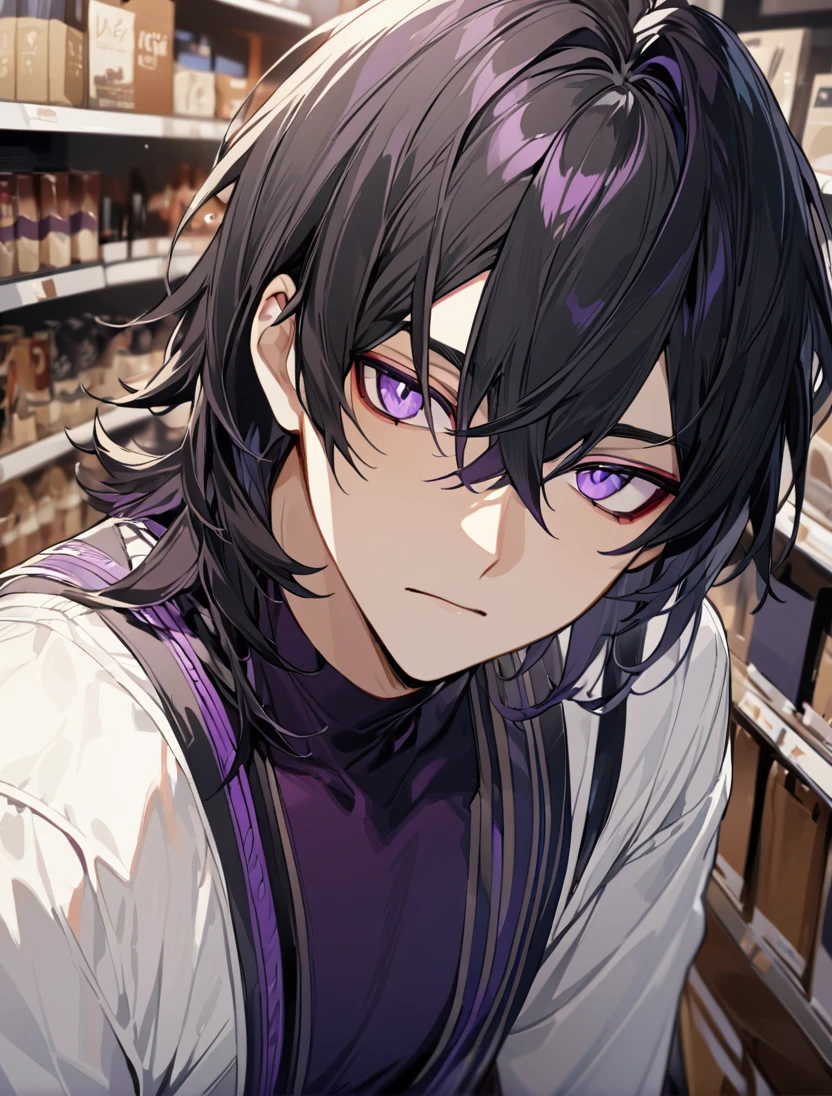 (black_hair), (long_male_hair), (deep_purple_eyes), (high_detailed_eyes), (attractive), (emotionless), (male), (long_male_hair), (detailed_Hair), (detailed), (detailed_mouth), (close_up), (vertical_slit_pupils), (in store)