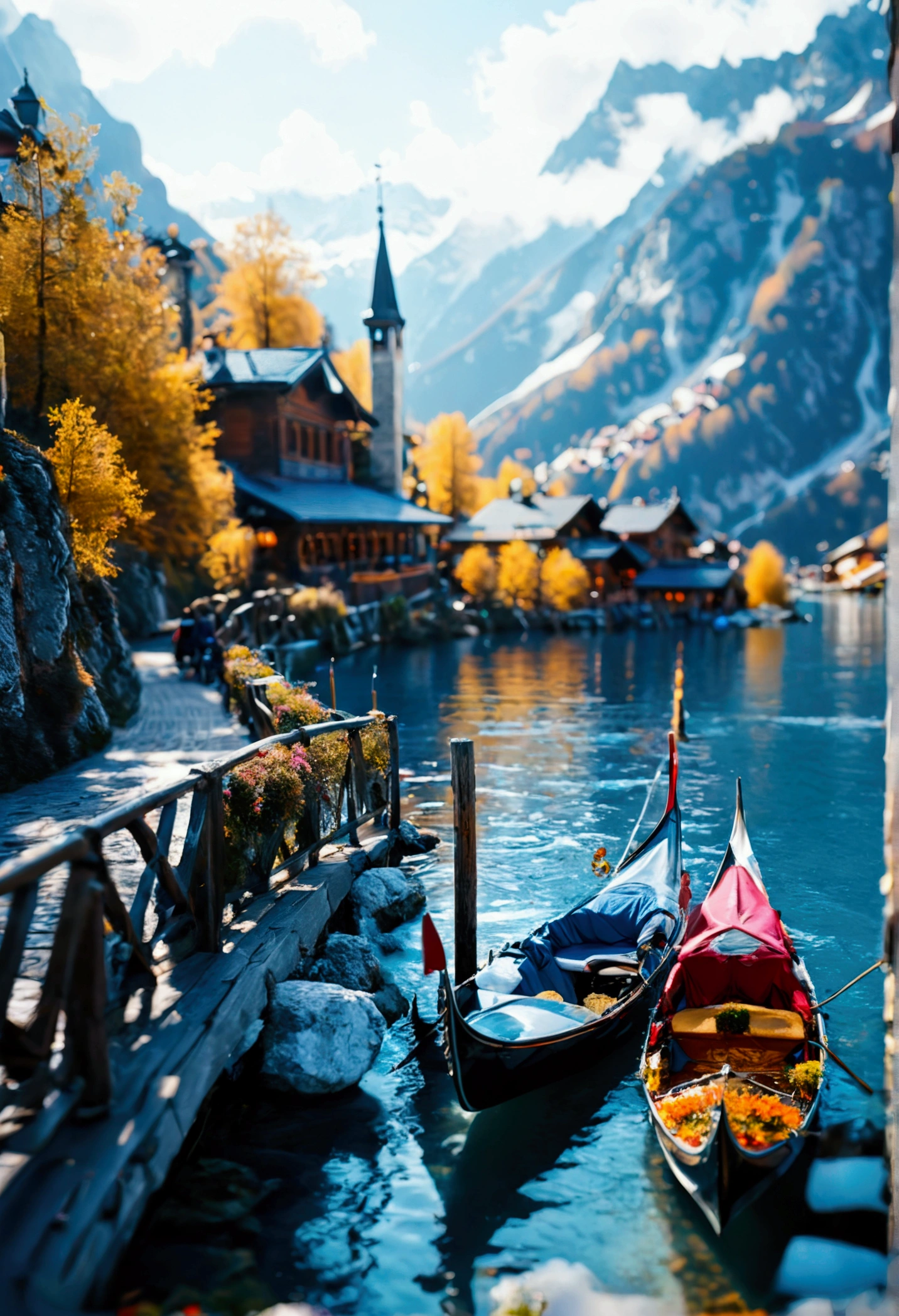 Light blue hairy gondola. Gondolas hang in the Alpine mountains.