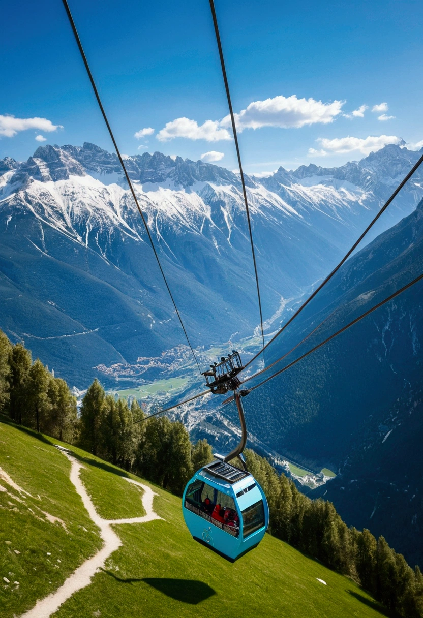Light blue hairy gondola. Gondolas hang in the Alpine mountains.