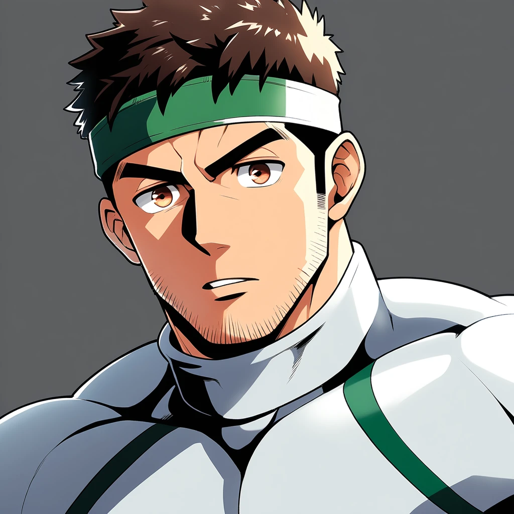 anime characters:Chris Redfield, Muscle Sports Student, Manliness, sports headband, male focus, Cute boy with big eyes, Mike WHite high collar long sleeve tight T-shirt, Slightly transparent material, Very tight, Round, full and perky chest muscles, Slightly transparent, muscular male, muscular, only, Upper body, alone, Black short hair, Thick eyebrows, stubble, Cute little eyes, Brown-red pupils, Grey background, simple background, amazing quality, best aesthetics, Ridiculous, crew cut, parted lips, v-shaped eyebrows, jitome, best quality