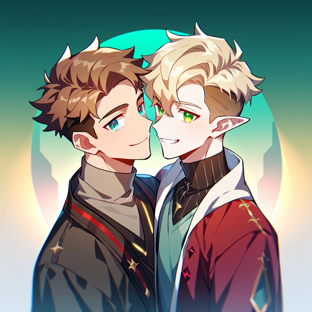 2 young men, focus man , Yaoi, pair,smile, (human, short hair, reddish brown hair, Orange-green eyes),  (elf,golden hair, Undercut style, light green eyes) , Fantasy, The best aesthetics , best quality, Amazing quality, The best aesthetics

