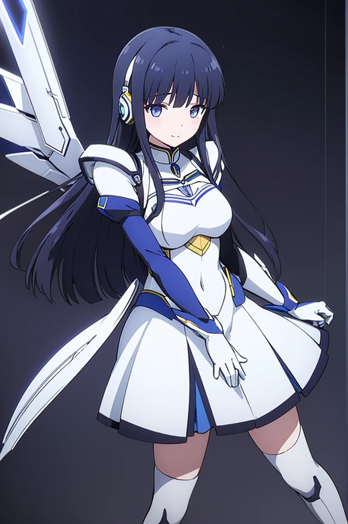 Mecha Wings、White and blue skirt、Accentuated thighs、White tights、chest、Beautiful black hair、1 girl、solo girl、Thick thighs、is、Frame Arms Girl、Alice Gere Aegis、White Armor、Blue and purple lines、income、headphone、hand on own chest、smile、idol costume、Shiba Miyuki