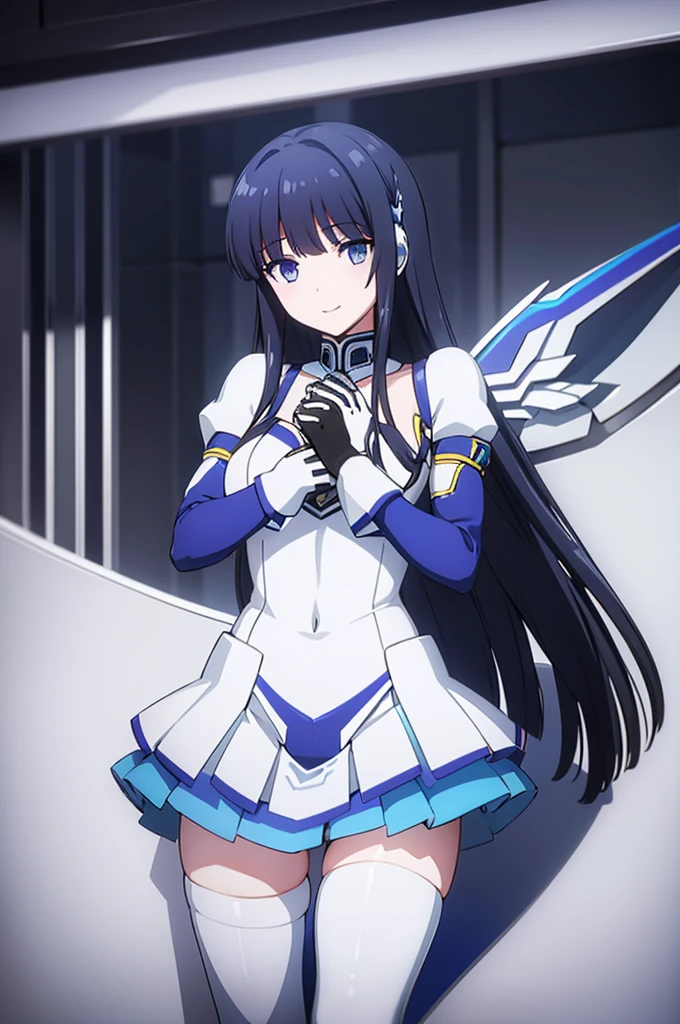 Mecha Wings、White and blue skirt、Accentuated thighs、White tights、chest、Beautiful black hair、1 girl、solo girl、Thick thighs、is、Frame Arms Girl、Alice Gere Aegis、White Armor、Blue and purple lines、income、headphone、hand on own chest、smile、idol costume、Shiba Miyuki