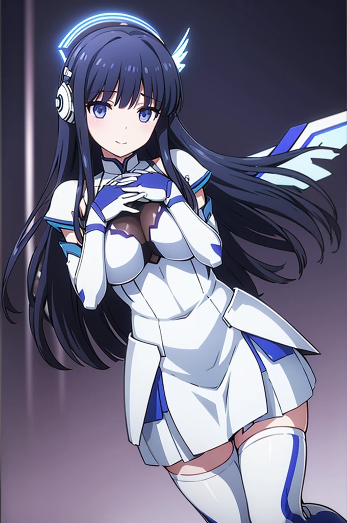 Mecha Wings、White and blue skirt、Accentuated thighs、White tights、chest、Beautiful black hair、1 girl、solo girl、Thick thighs、is、Frame Arms Girl、Alice Gere Aegis、White Armor、Blue and purple lines、income、headphone、hand on own chest、smile、idol costume、Shiba Miyuki