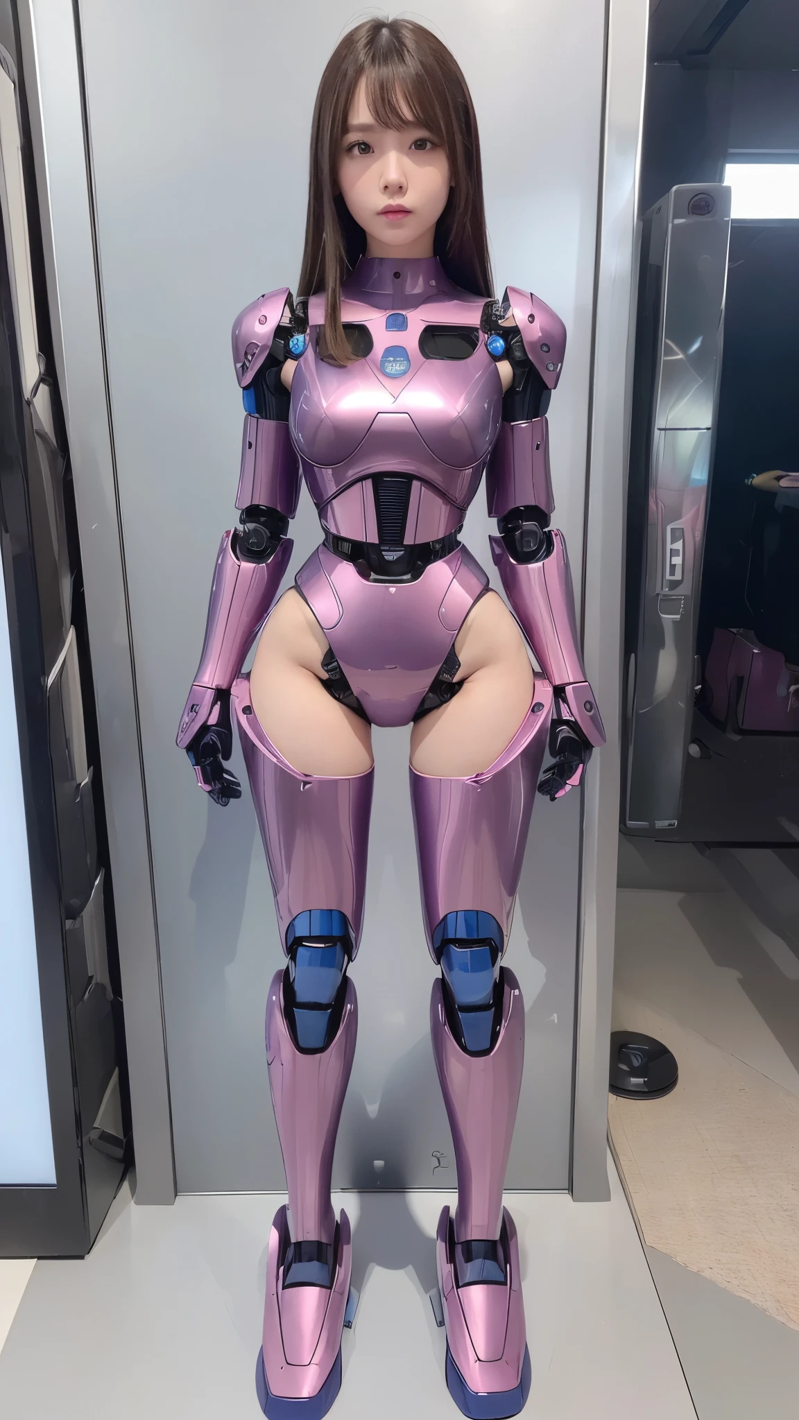 (Photorealsitic:1.4)、one robot woman、(top-quality)、(hyperdetailed face)、(Super well-formed face)、(Robot Parts)、(Female-Robot)、(25 years-old)、(Blue)、(pink there)、(Burgundy)、(metallic)、(full-body)、(sexy pose)、(Slender body)、(Model body type)、(full body mech)、(street of Akihabara)、(is looking at the camera)、(A brown-haired)、(Well-proportioned body)、(a small face)、(a small head)、(well-groomed fingers)、(Idol)、(front facing)、(Standing with legs open)、(Photo session)、(Looks sad)、(perfect-female-robot)、(perfect-mechanical-body)