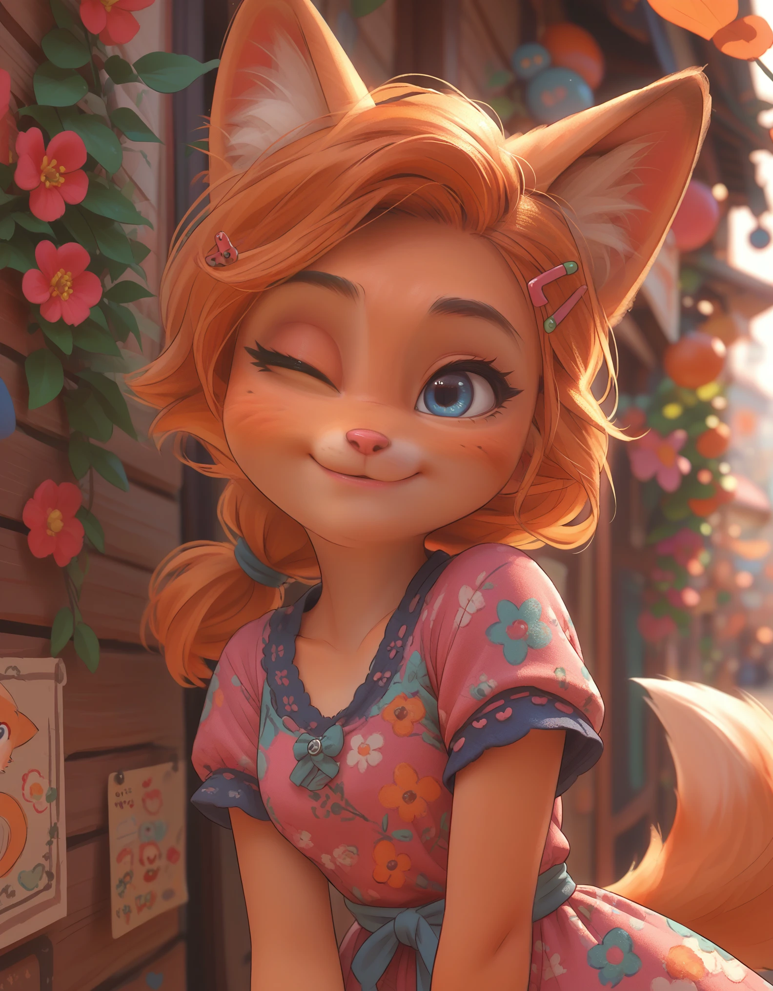 little fox, kid girlfox, yellow hair, ginger fur, blue eyes, cute kid, alone, face similar to Diane Foxington, kid , tied hair, pink dress, hair clips, sending, 1 eye closed