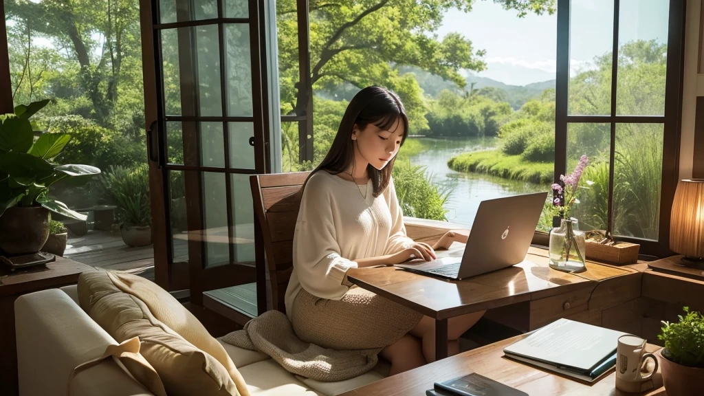 A person sitting comfortably in the warm and peaceful surroundings of their own home, With their laptops open in front of them. On the laptop screen、Displays serene and inspiring nature scenes, Symbolizes the inner journey and connection with nature