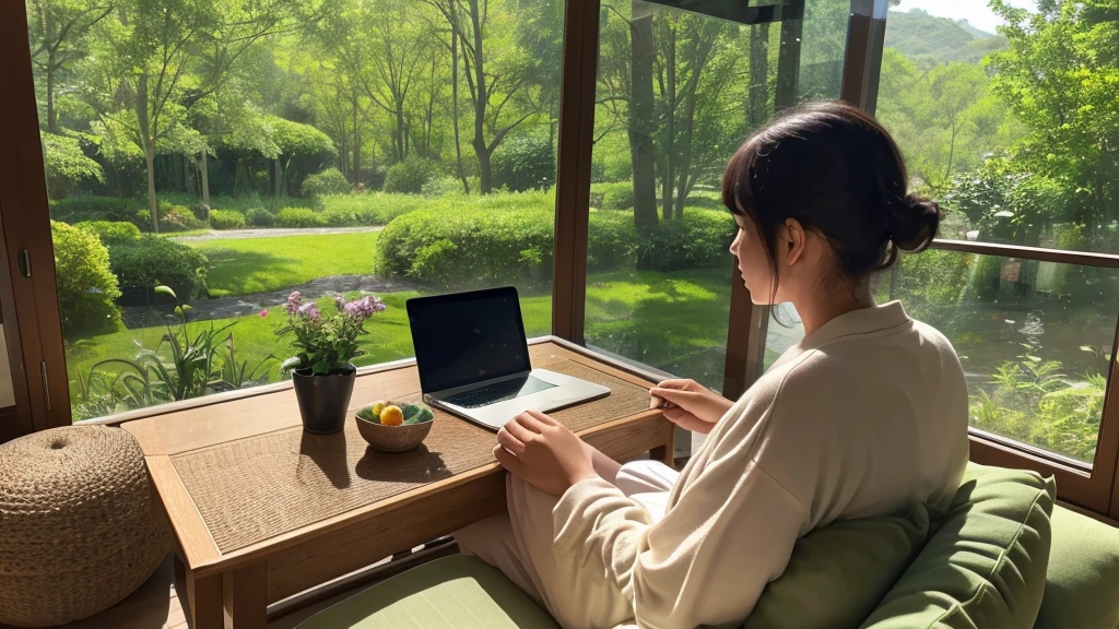 A person sitting comfortably in the warm and peaceful surroundings of their own home, With their laptops open in front of them. On the laptop screen、Displays serene and inspiring nature scenes, Symbolizes the inner journey and connection with nature