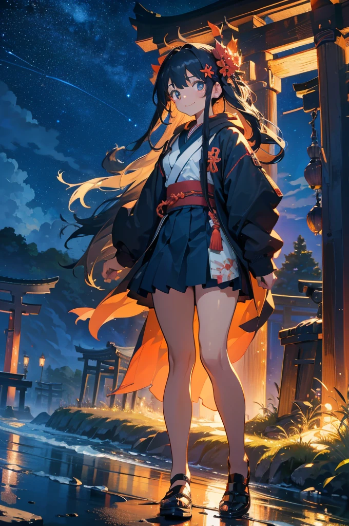 (masterpiece), (high resolution 8K), professional illustration,(1 girl:1.3), late teenage, standing, thigh focus, dutch angle, japanese clothes, hoody, mini-skirt , hair ornament, long hair, smile, looking up, shrine,on the beach , torii, beautiful starry sky, night,natural lighting, high contrast, stunning face, symmetrical clear eyes, detailed eyes and face, detailed skin