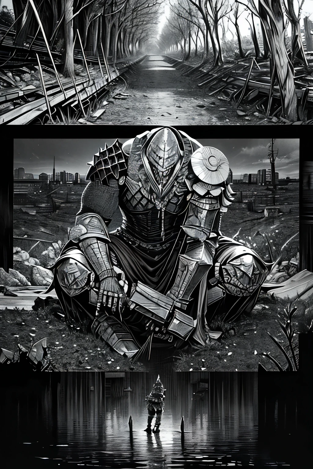 Comic storyboard:1.8, comic strip_layout, Metal Madden male Chaos Warrior An armored horned warrior wields a great sword in a ruined post-apocalyptic city, Skeleton mask, Sci-fi, fantasy, Horror, Skulls on the ground, Blood, Tornado, Roman, Empty chairs,Tangled roots,key, contortion,mangled,Ethereal, (isolation:1.1), (glaze:1.1), (reflective light:1.2), glass, polygon, Ultra detailed, Intricate, oil on the canvas, Dry brush, (surrealism:1.1), (Disturbing:1.1), Enhanced detail., 32K ,hyper HD