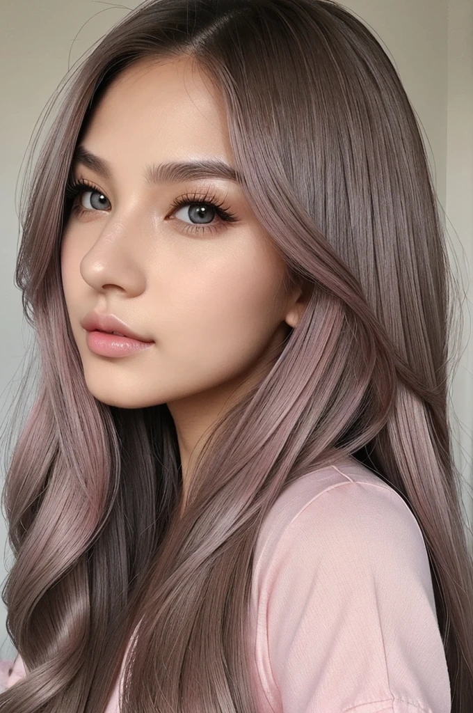 ((best quality)), ((masterpiece)), (detailed), perfect face
-A girl with a ash grey long hair, Doe shaped eyes, brown eyes, slim nose and a perfect pink lips. DETAILED. she dyed her hair into ash grey