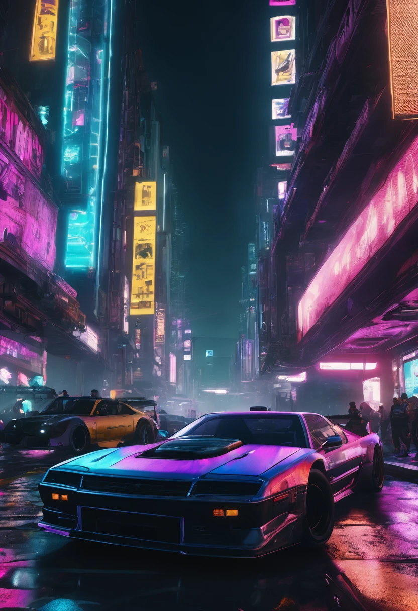 clandestine car race in a cyberpunk metropolis, realistic, 8K, high details