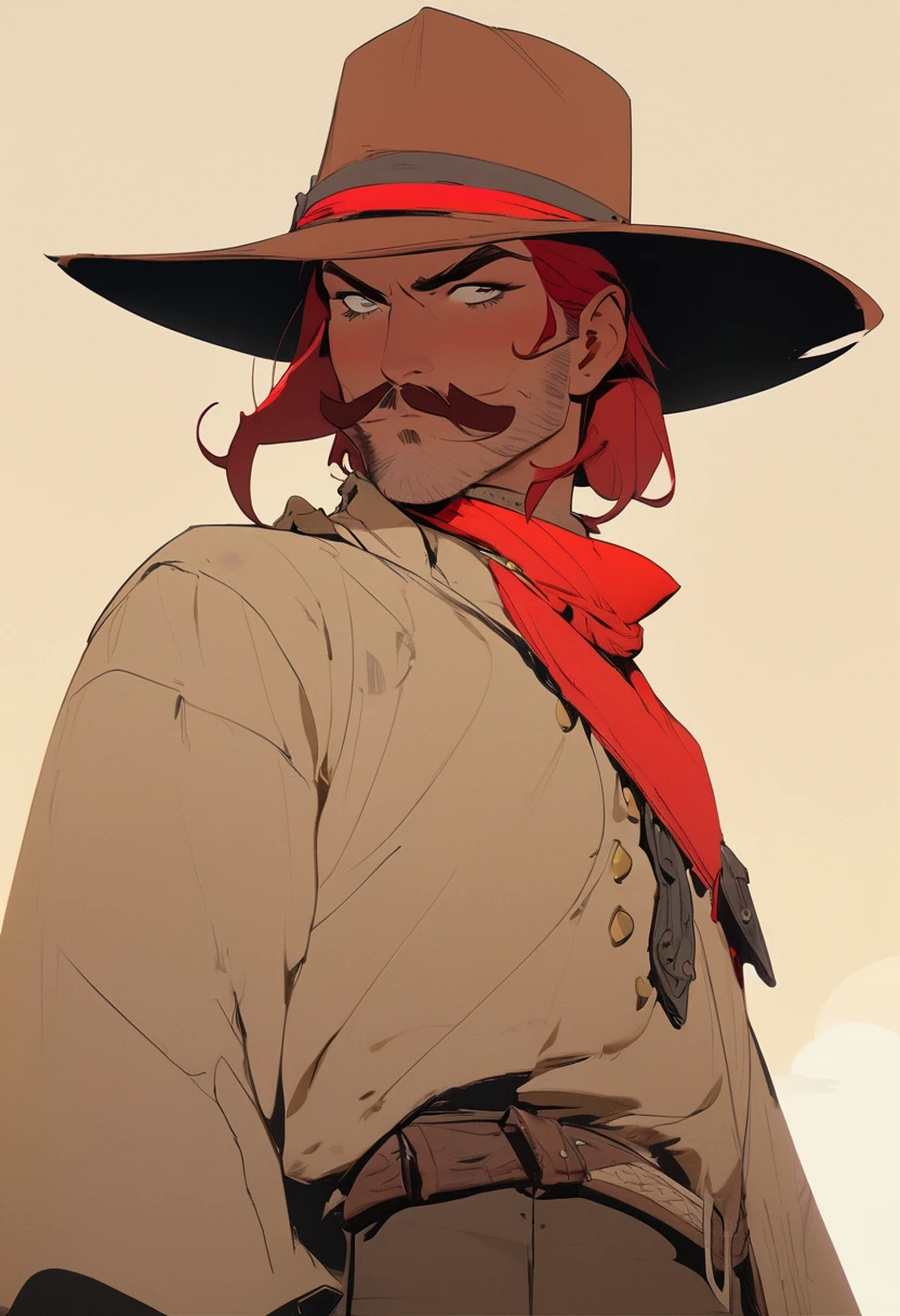 score_9, score_8_up, score_7_up, score_6_up, score_5_up, score_4_up, 1man, Western, Desert, Dark night, Horizon, far away, Wild West, red dead Redemption, cartoon art style, Red hair with two strands popping out at the front, Hair bun, Thick mustache, solo, male, Revolver, Gunslinger, cowboy hat, Rude, Masculinity, honor