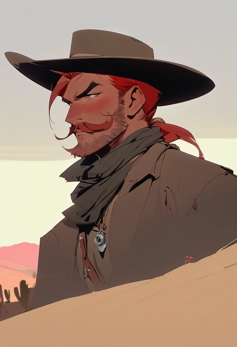 score_9, score_8_up, score_7_up, score_6_up, score_5_up, score_4_up, 1man, Western, Desert, Dark night, Horizon, far away, Wild West, red dead Redemption, cartoon art style, Red hair with two strands popping out at the front, Hair bun, Thick mustache, solo, male, Revolver, Gunslinger, cowboy hat, Rude, Masculinity, honor