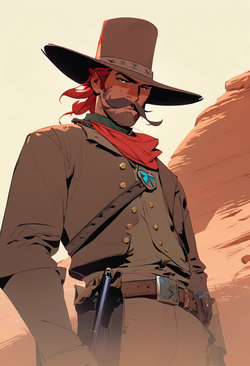 score_9, score_8_up, score_7_up, score_6_up, score_5_up, score_4_up, 1man, Western, Desert, Dark night, Horizon, far away, Wild West, red dead Redemption, cartoon art style, Red hair with two strands popping out at the front, Hair bun, Thick mustache, solo, male, Revolver, Gunslinger, cowboy hat, Rude, Masculinity, honor