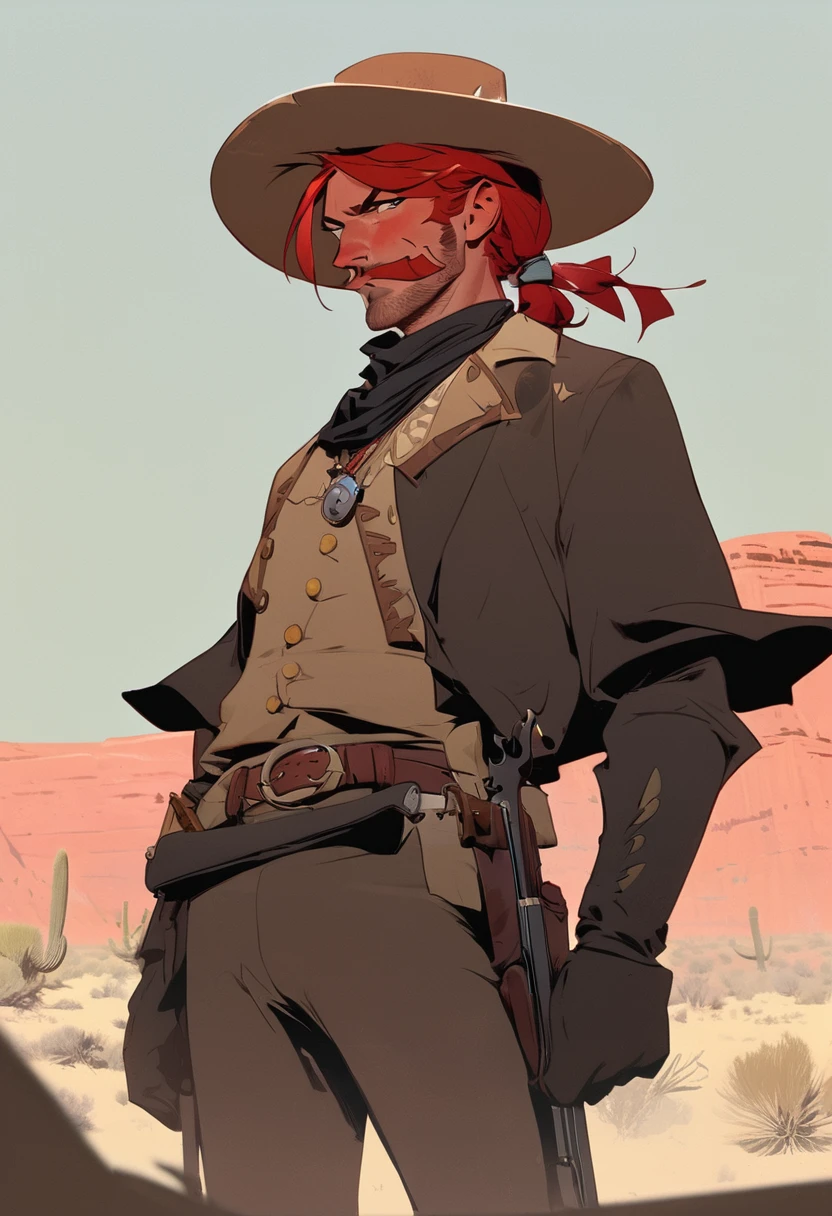 score_9, score_8_up, score_7_up, score_6_up, score_5_up, score_4_up, 1man, Western, Desert, Dark night, Horizon, far away, Wild West, red dead Redemption, cartoon art style, Red hair with two strands popping out at the front, Hair bun, Thick mustache, solo, male, Revolver, Gunslinger, cowboy hat, Rude, Masculinity, honor 