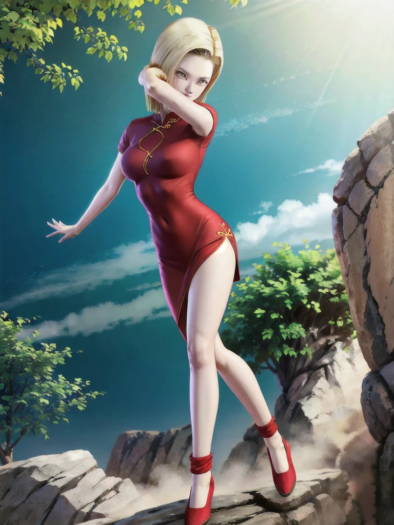 android 18,blonde hair,(((long hair))),blue eyes,(long slit red sexy cheongsam), (Red),looking at the audience,face smile,close-up,river,rock,tree,blue sky,high quality,masterpiece,sexy body, sexy Red Dress, red,perfect big breasts, Hyperrealistic intricate detail, Cinematic, 8K resolution, 70mm, Accent Lighting, Global Illumination, Full body portrait, clean detailed faces,