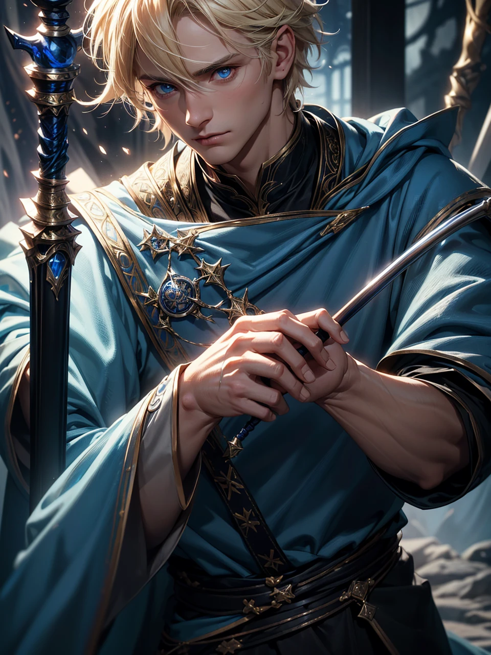 a man with blonde hair and blue eyes, wearing a blue shirt, short messy hair, a white cloak, holding a wizard's staff in both hands, full  face, fantasy, detailed, realistic, highres, 8k, photorealistic, studio lighting, dramatic lighting, intricate details, cinematic, vibrant colors, epic scale