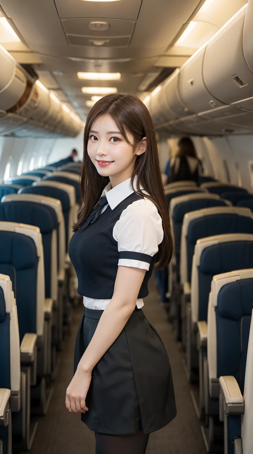 highest quality、8k、best image quality、Award-winning work), two beautiful women、1 women, radiant beautiful skin , masterpiece、top-quality、The ultra -The high-definition、depth of fields、lens flare 、brown hair, watching at viewers glares, medium breasts , cabin crew uniform, short skirt, (black high heels), perfect legs, model pose, view from below, smiling , flight cabin, pantyhose