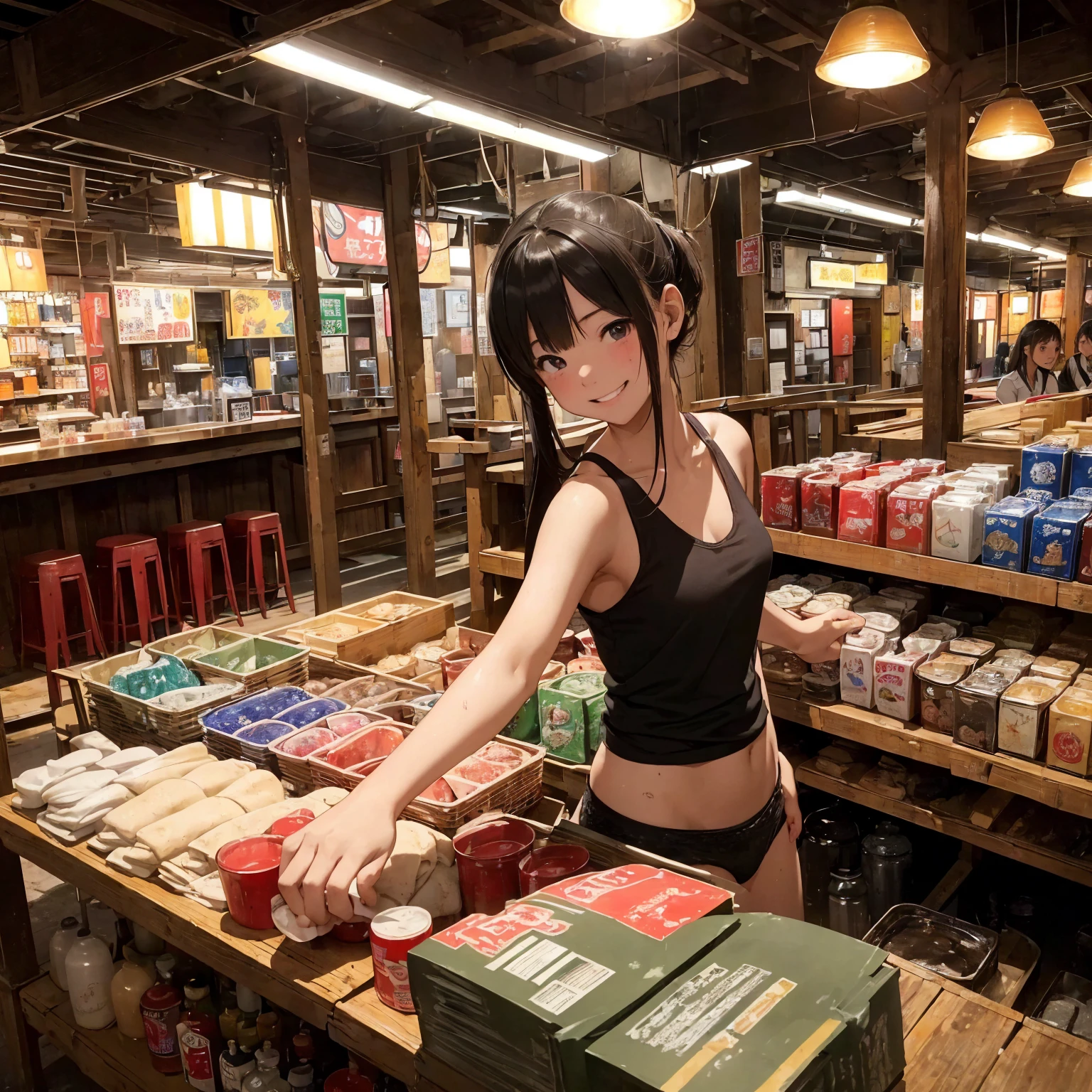 (masterpiece、Highest quality)、(Unsanitary and old underground mall)、(Japan favelas、Dirty Standing Tavern)、((stage))、(A girl helping out at the store、smile、fun)、(Poor conditions)、Shady Red Light District、Tank top、Panties、Very dirty dishes、Alcoholic beverages、(stage)、smile、Happy schoolchildren、Perfect Anatomy