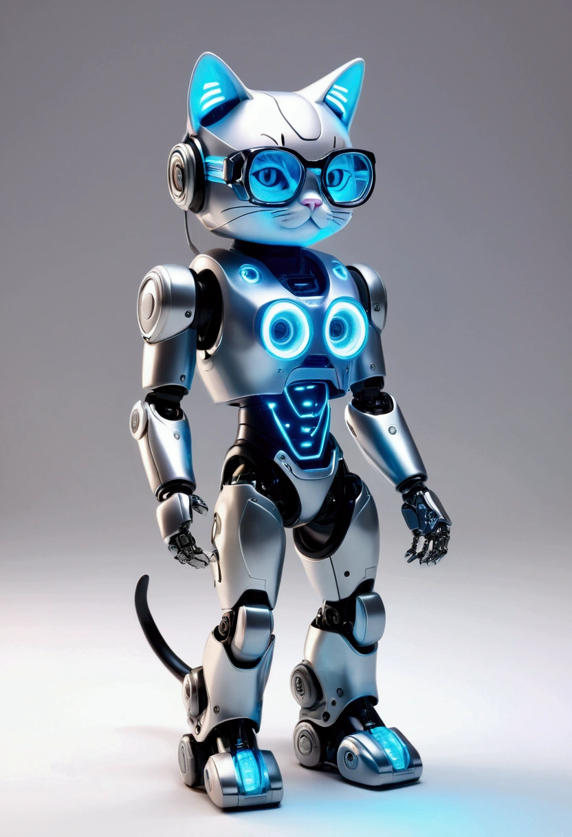 robotic cat, (blind box toy style:1.2), (full body shot shot) , 1 Transparent Boy,Behind him is a cute transparent robot cat, Me transparent, Exquisite helmet:1.2, Glasses:1.2, cyberpunk, dreamy glow, luminous neon lights, cleaned up, White background, ( global ilumination, Traching de raias, HDR, unreal render,Reasonable design, high détail, master part, best quality, hiper HD, Cinematic lighting)
