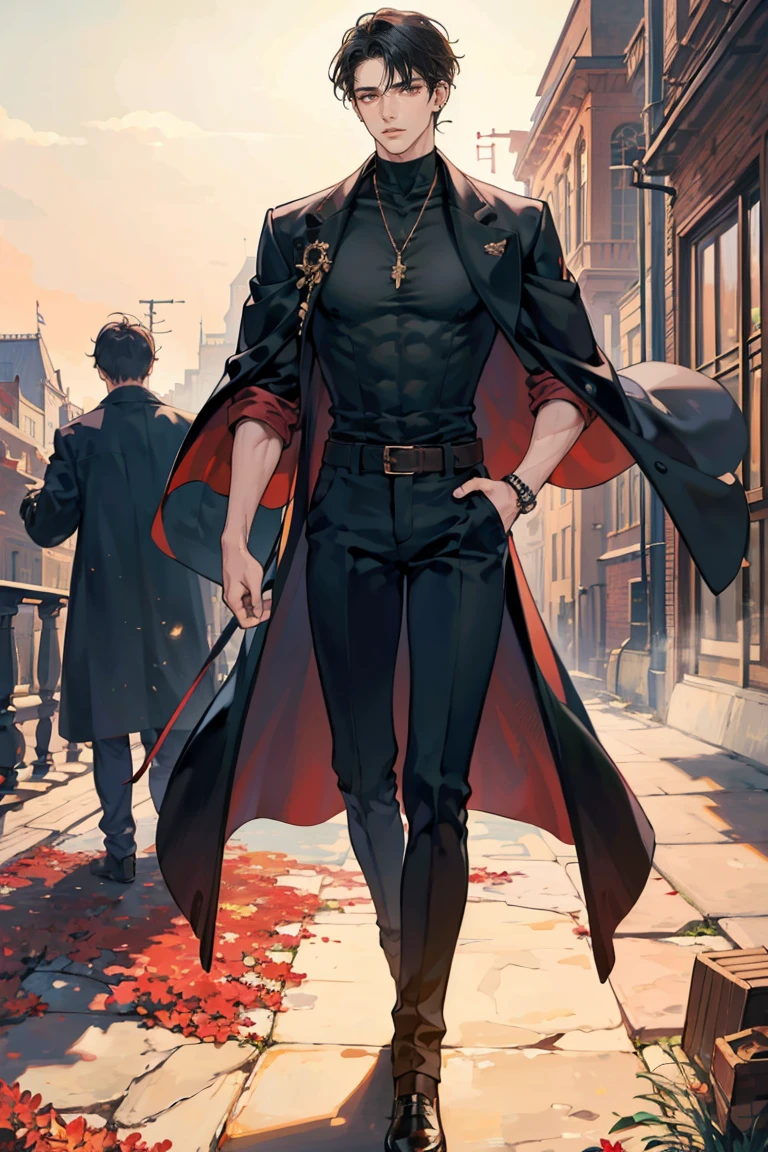(masterpiece), best quality, seductive eyes, perfect face, handsome man, brown eyes, long slicked back black hair, long nose, brown skin, plain black t-shirt, red coat, black fitted pants, extremely tall man, long legs, long calves, full body, tall man, long legs, anime cover, 1boy, ear piercings, hands in pockets, adult-like look
