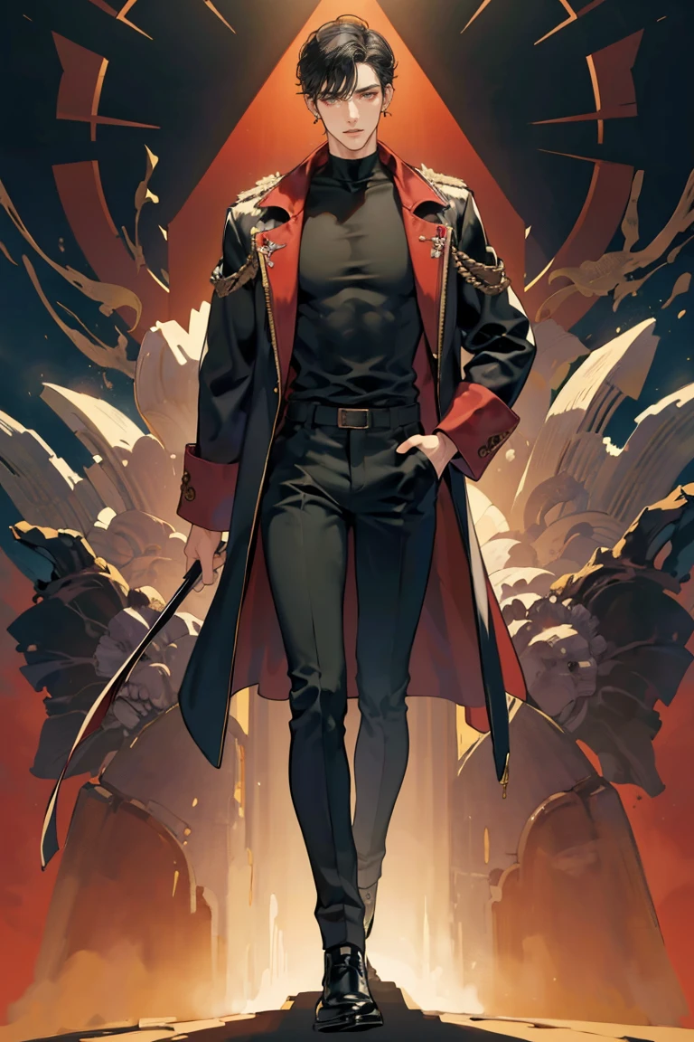 (masterpiece), best quality, seductive eyes, perfect face, handsome man, brown eyes, long slicked back black hair, long nose, brown skin, plain black t-shirt, red coat, black fitted pants, extremely tall man, long legs, long calves, full body, tall man, long legs, anime cover, 1boy, ear piercings, hands in pockets, adult-like look