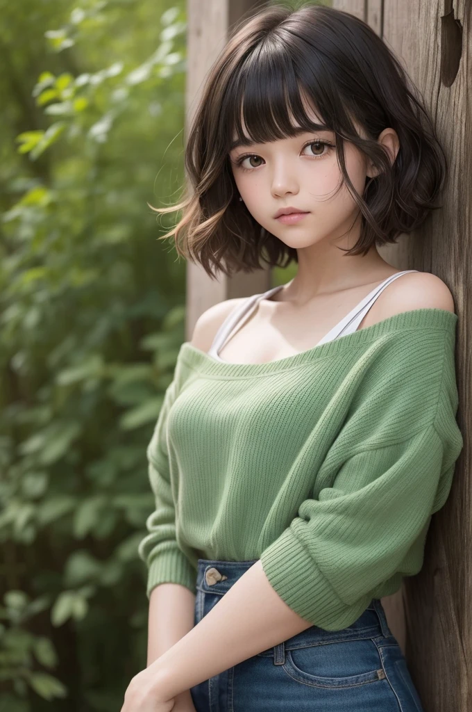Image of a girl with short shaggy haircut. The bangs are divided in the middle, with the left side dyed forest green and the other its natural color. The hair style is wavy and defined.
