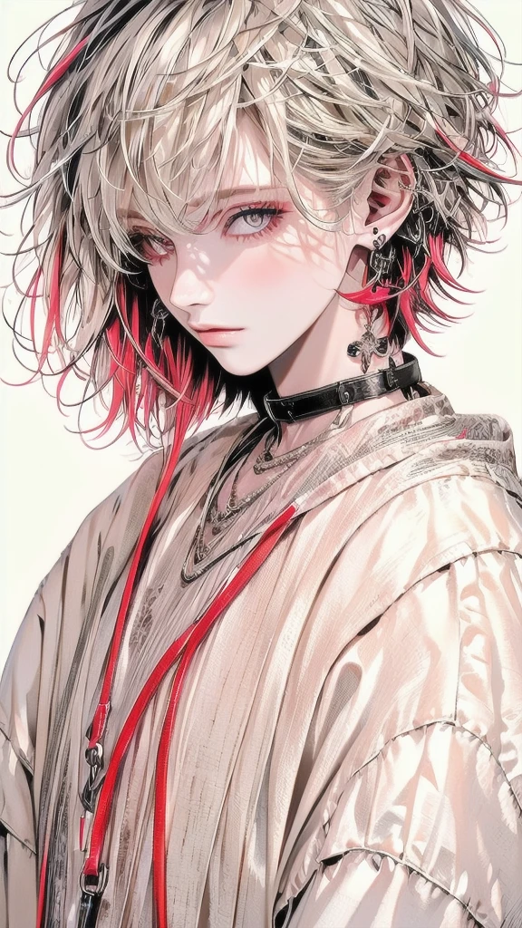 I would like you to generate an image of a beautiful young man with short blonde hair, handsome features, and red eyes. He should have a unique touch with his three white pupils. He should be wearing a . The image should be in a 2D style, resembling a detailed line drawing with the vibrant colors of watercolor and ink wash. Please make sure the focus is sharp and the details are intricate. Thank you.