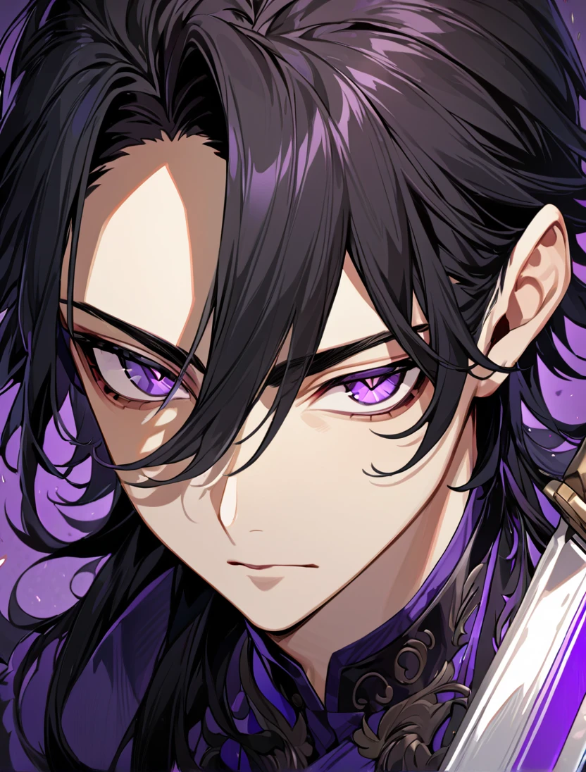 (black_hair), (long_male_hair), (deep_purple_eyes), (high_detailed_eyes), (attractive), (emotionless), (male), (long_male_hair), (detailed_Hair), (detailed), (detailed_mouth), (close_up), (vertical_slit_pupils), (standing with a long sword)