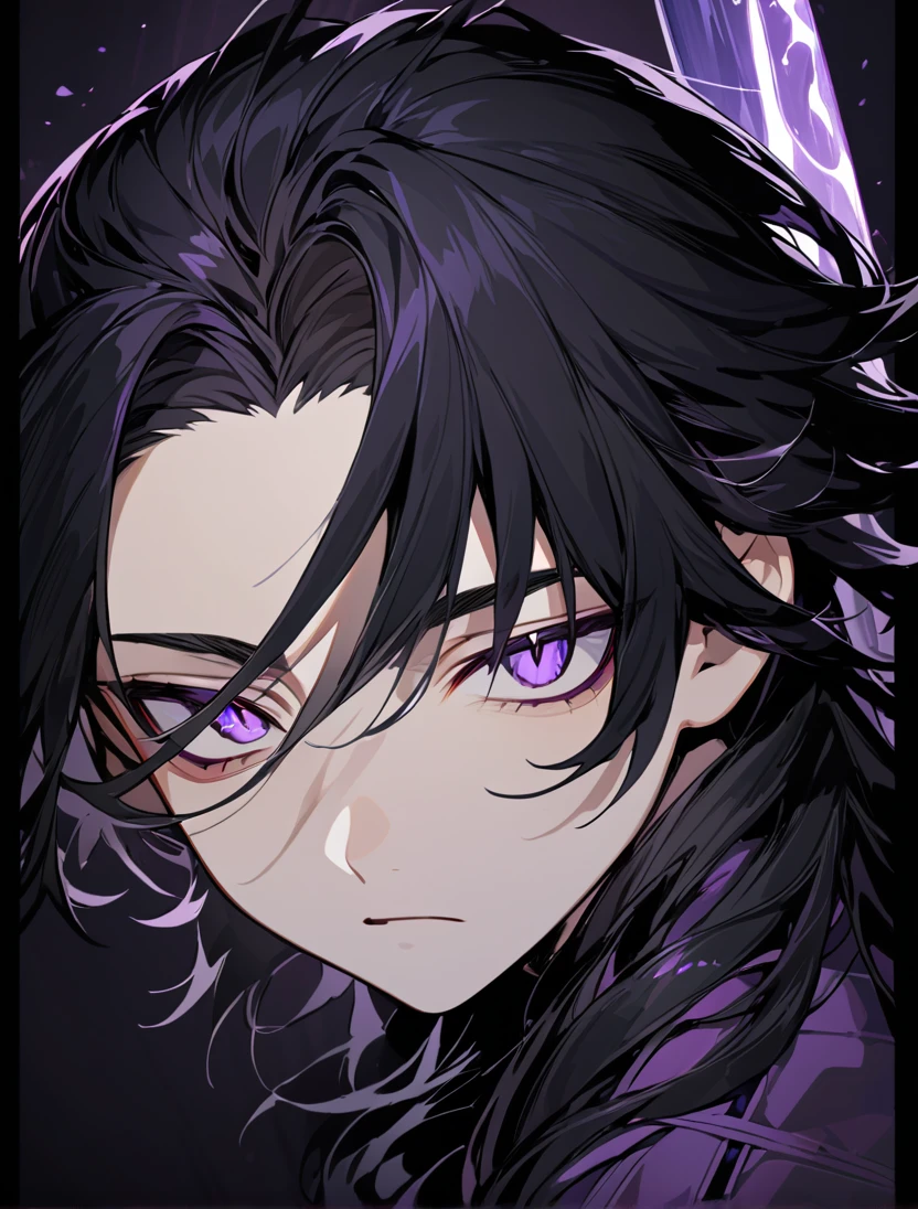 (black_hair), (long_male_hair), (deep_purple_eyes), (high_detailed_eyes), (attractive), (emotionless), (male), (long_male_hair), (detailed_Hair), (detailed), (detailed_mouth), (close_up), (vertical_slit_pupils), (standing with a long sword)