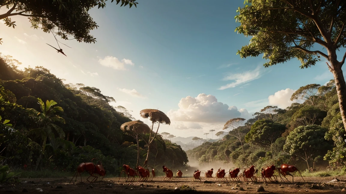 A colony of red ants is at war with a colony of black ants against the backdrop of a tropical rainforest