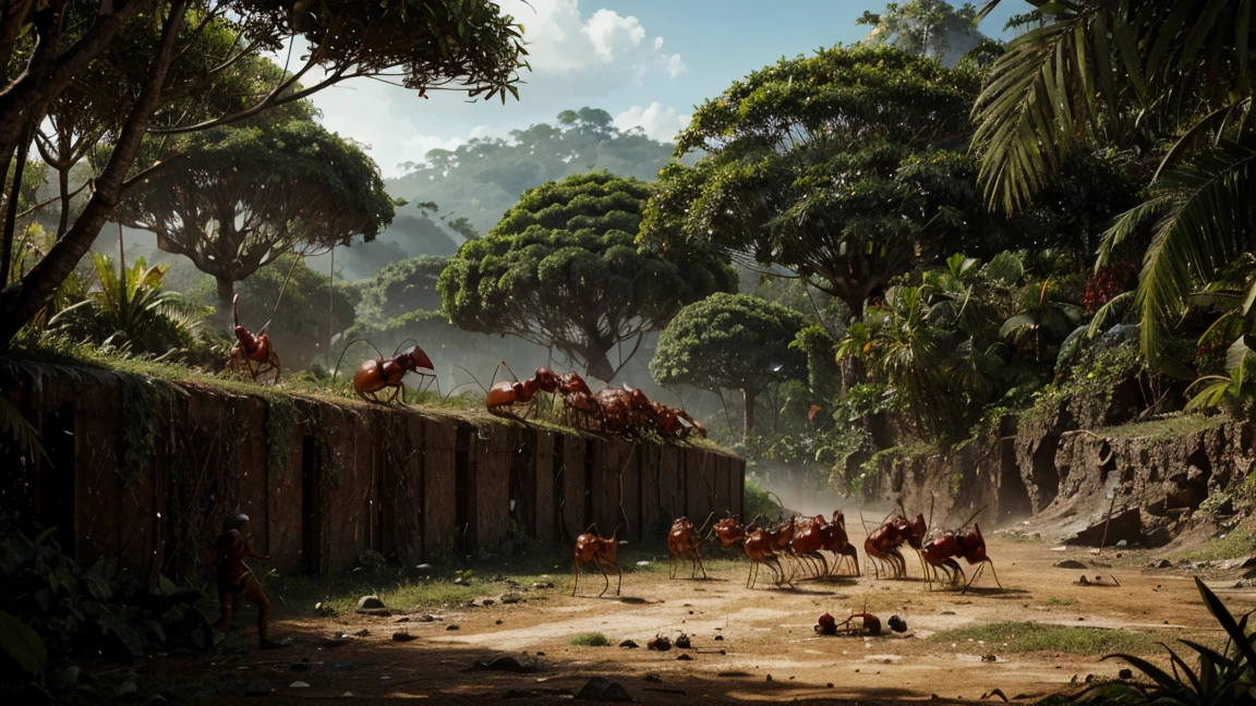 A colony of red ants is at war with a colony of black ants against the backdrop of a tropical rainforest