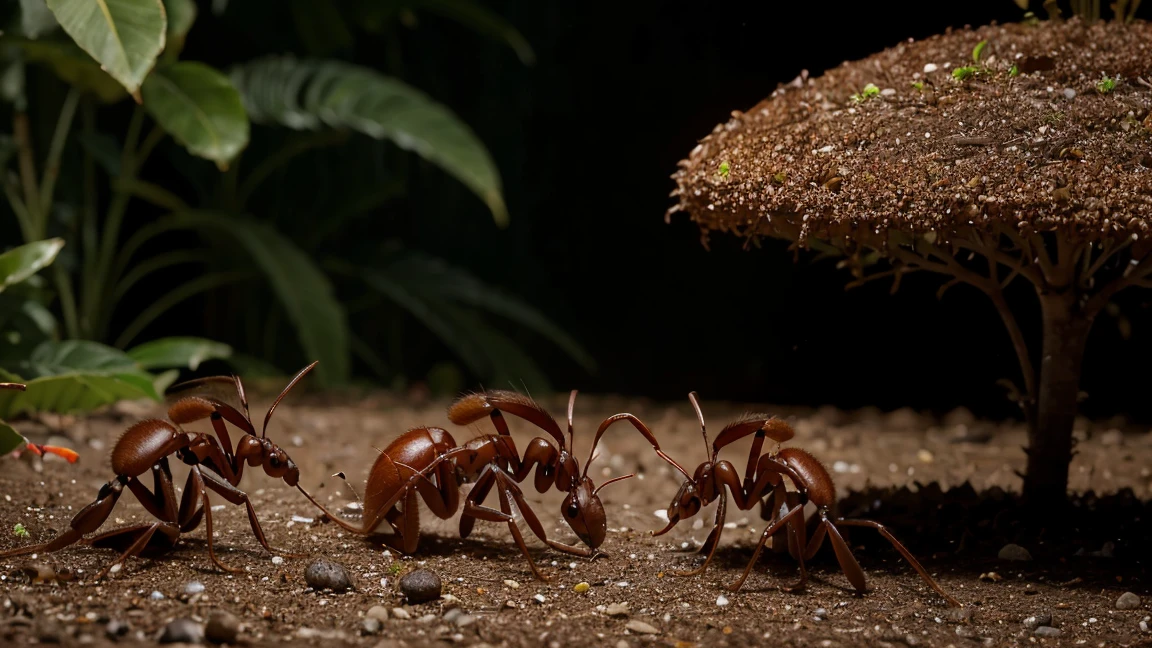A colony of red ants is at war with a colony of black ants against the backdrop of a tropical rainforest