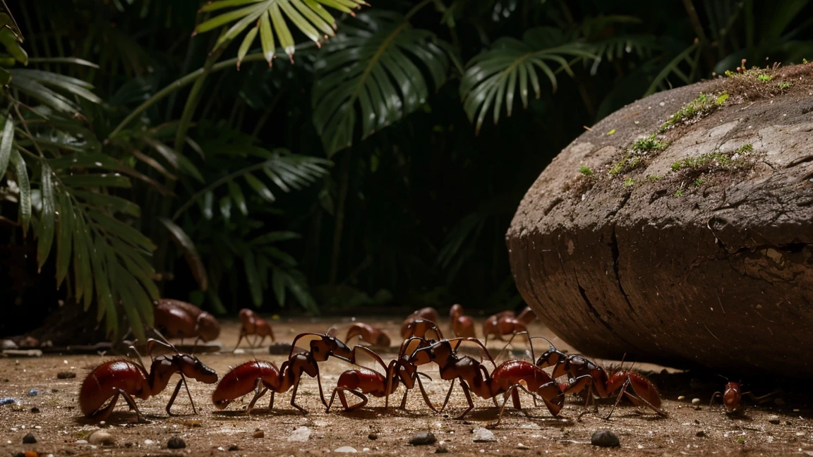 A colony of red ants is at war with a colony of black ants against the backdrop of a tropical rainforest