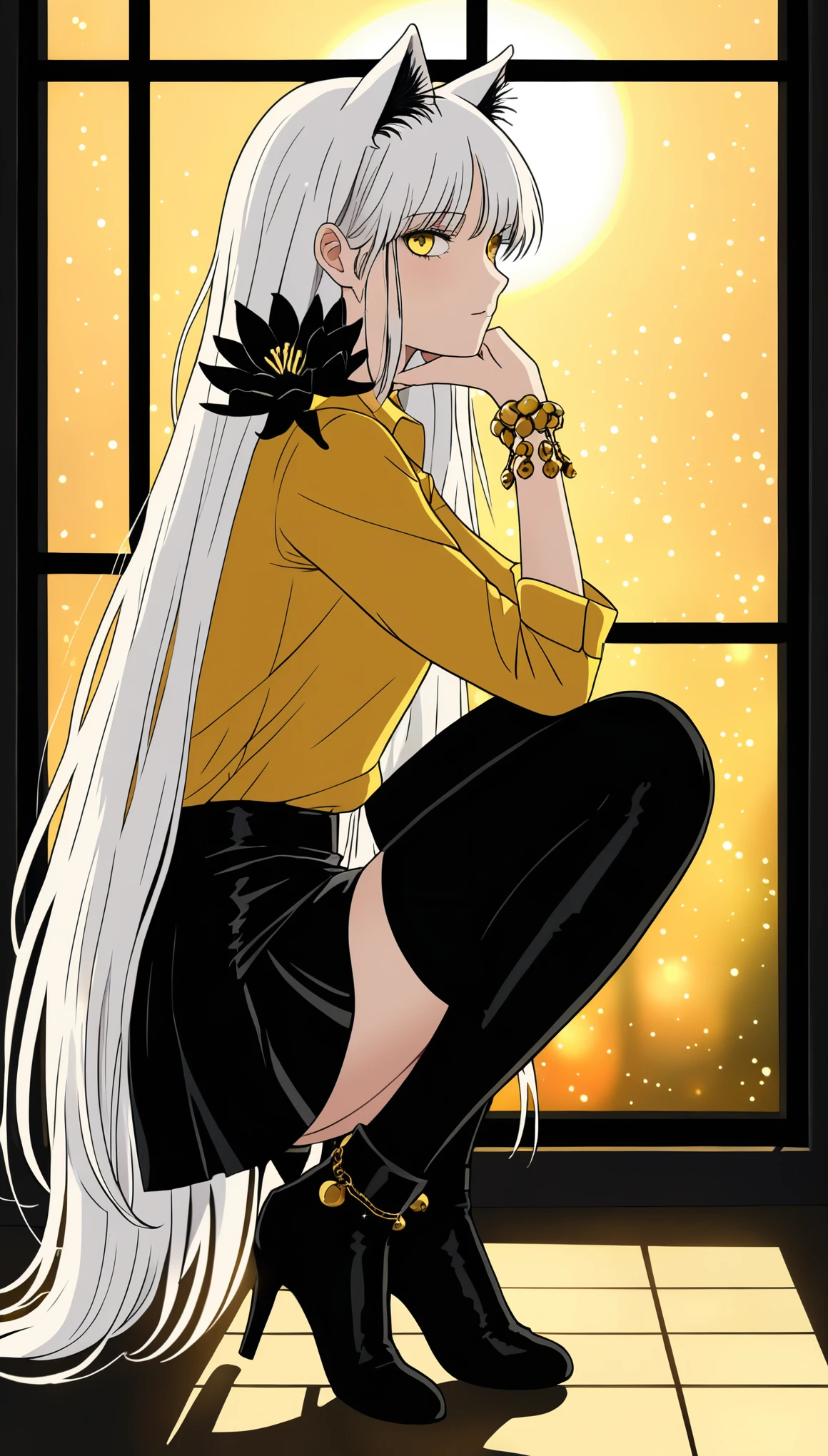 in style of Harry Clarke,1girl,Yellow shirt,black leather skirt,Squatting,(adjusting footwear:2),white Cat ear,Black stockings,Long hair falling down,The light from the window shines through my hair,from side,(spend a leg:1.3),tie,Small bell bracelet,heles,
BREAK
Looking at the audience,(White long hair:1.1),indoor,Yellow background,Background blur,Black Lily Flower Pot,Golden Hour,depth of field,chiaroscuro,sparkle,comic 2.5d hand-drawn style,trending on deviantart,(look at the viewer:2.2)