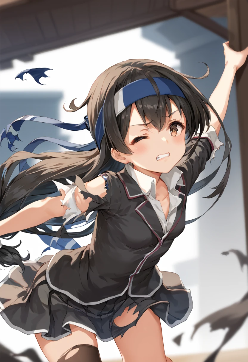 score_9, score_8_up, score_7_up, source_アニメ,Natural Light,details background,blurry background,extremely detailed,1girl,hatsushimo(kancolle),brown eyes,(left(white)right(blue))headband,(black)long hair,(low-tied)hair,(black)hair,small breasts,black blazer,black skirt,single thighhigh,
(petite),one eye closed,(ripping clothes),dameged,clenched teeth,