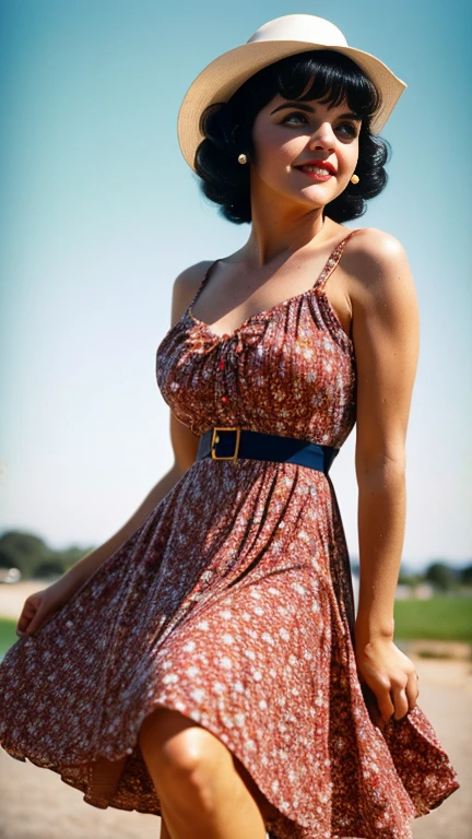 photo and gross. Linda ronstadt, Swing Dress Outfits, vintage dress with flowers, 22 years old, perfect body, 40's, perspective, half body detail, sharp focus, light mix, detail, 70's, (high skin detail: 1,2), 8k hd, DSLR, Luz outfit, high quality, Fujifilm XT3 Grainy Films.