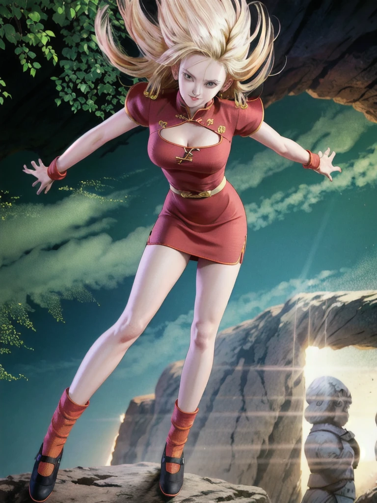 android 18,blonde hair,(((long hair))),blue eyes,(long slit red sexy cheongsam), (Red),looking at the audience,face smile,close-up,river,rock,tree,blue sky,high quality,masterpiece,sexy body, sexy Red Dress, red,perfect big breasts, Hyperrealistic intricate detail, Cinematic, 8K resolution, 70mm, Accent Lighting, Global Illumination, Full body portrait, clean detailed faces,