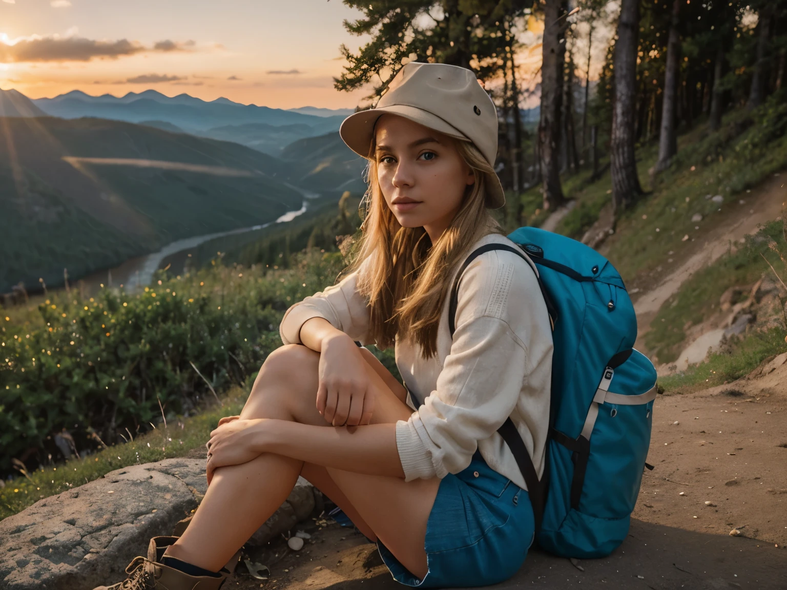 photography of a 20yo woman,light blond hair,blue-eyed woman, perfect face, masterpiece,instaphoto,latina, a mole on my right cheek, photorealistic,8k, outdoors, (sunset), mountains, nature, (sun going down), backpack, water bottle, hiking boots, gloves, sweater, hat, flashlight, forest, rocks, river, wood, smoke, shadows, contrast, clear sky, 