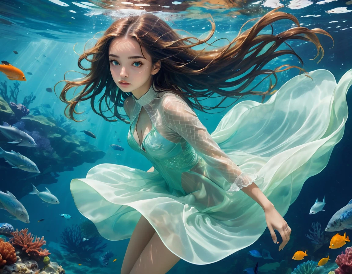 location='in the center', offset='no offset', area='a medium-sized square area', distance_to_viewer=2.0, description='A beautiful girl underwater.', detailed_descriptions=[ 'The girl, with flowing hair, is positioned in the center of the image.', 'Her expression is provocative and intense, reflecting a desire for attention and connection.', 'She appears to be floating effortlessly, surrounded by the vibrant marine life.', 'Her attire is minimal, allowing her to blend seamlessly into her aquatic surroundings.', 'The overall appearance is one of intense passion and natural beauty, with the girl harmoniously integrated into the underwater landscape.', ], tags='beautiful girl, underwater, flowing hair, provocative, intense, attention, connection, floating, vibrant marine life, minimal attire, intense passion, natural beauty, aquatic surroundings', atmosphere='Provocative and intense, reflecting a desire for attention and connection.', style='Captivating and detailed, emphasizing the intense passion and natural beauty.', quality_meta='High resolution with detailed textures and intense expressions.', HTML_web_color_name='lightseagreen',