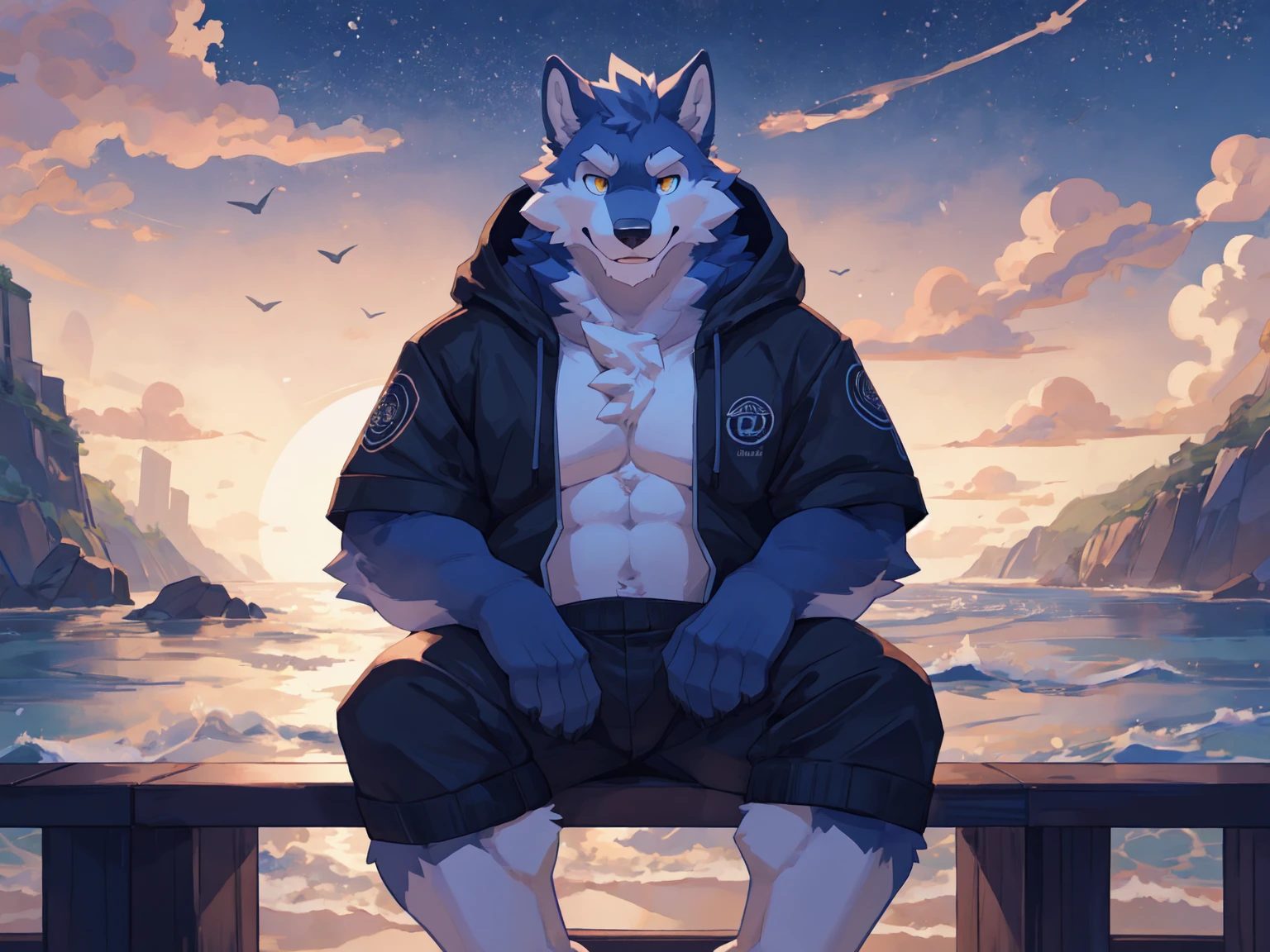 Best quality, Professional, Vivid Colors, full body, establishing shot, full body,

wolf, Muscular male, kemono, by bigcozyorca, Solo, grey Fur, white body, golden eyes, pectorals, (detailed face, detailed eyes:1.5),  

open hoodie, shorts, white socks, joyful smile, sitting on beach, besides sea, (quarter front view:1.5), at dawn, the first light of dawn, soft light, gentle sea waves,

Ray tracing, detailed shadow,